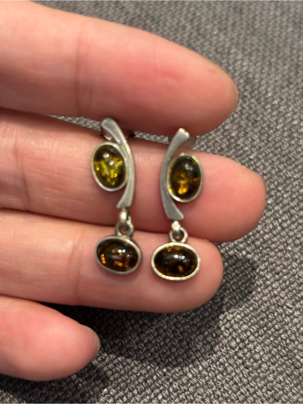 Sterling Silver Amber Drop Earrings - Green/Brown Amber